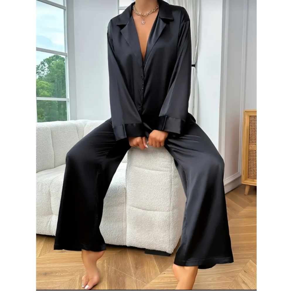 Boutique Black Satin Lounge Pants Set